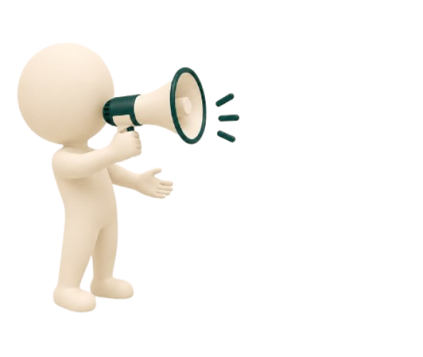 Cream-colored 3D figure holding a megaphone, representing digital announcements or marketing communication.